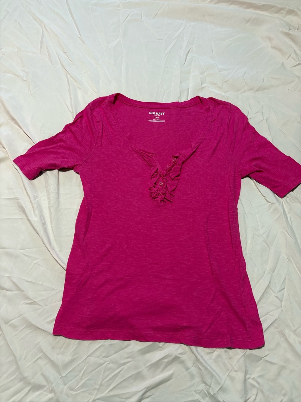 Old Navy Women's Hot Pink Short-Sleeve Ruffle V-Neck Tee